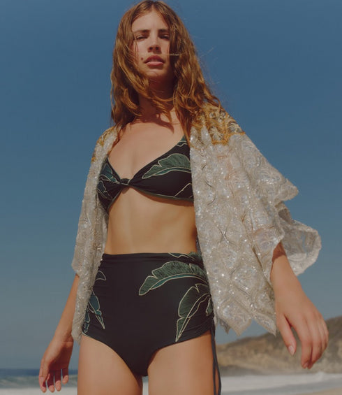 Pacifico Hand Embroidered Top / Aquamarine Palms - Metallic Mint