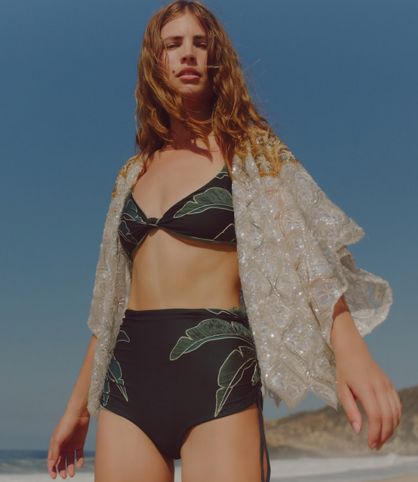 Hand-embroidered bikini top with a center knot and metallic mint palm leaf patterns.