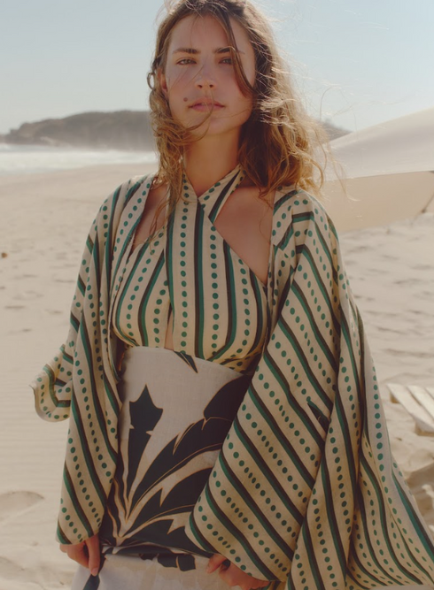 Costa del Sol Linen Midi Dress / Aquamarine Palms - Green Stripes