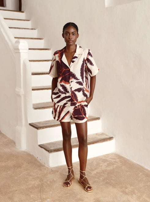 Tomaso Linen Short / Ecru - Purple Gladiolos