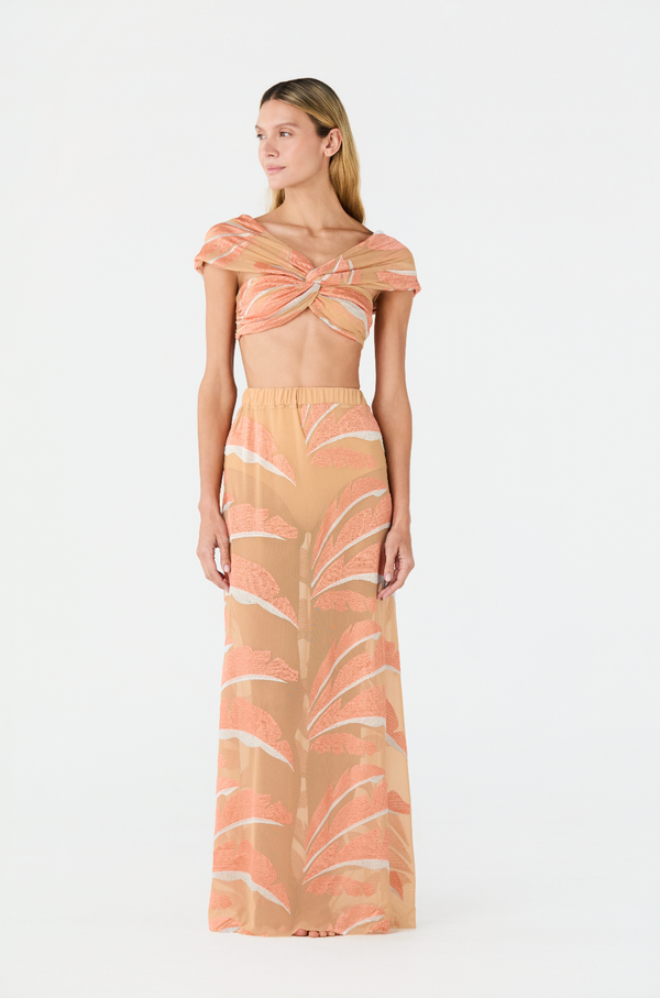 Solana Embroidered Mesh Maxi Skirt / Peach Palms
