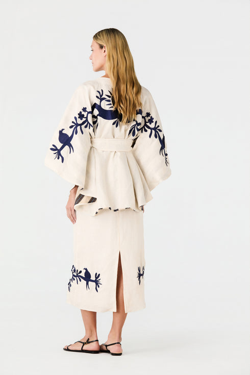 Cavalo Embroidered Linen Poncho / Ivory and Navy