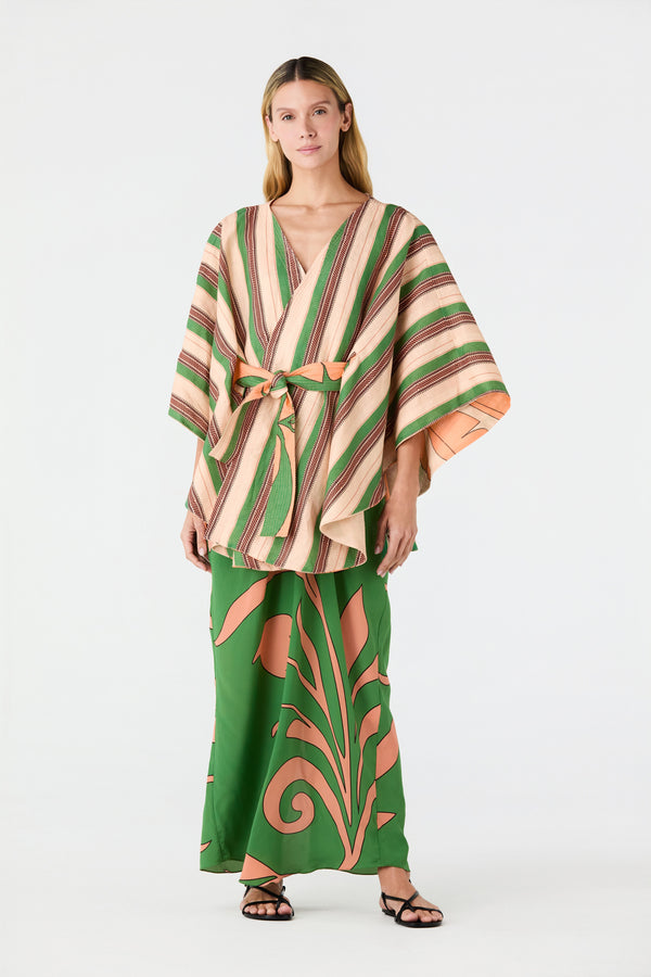 Cavalo Linen Poncho / Peach Palms - Green Artisanal Stripes