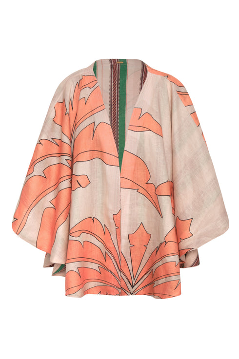 Cavalo Linen Poncho / Peach Palms - Green Artisanal Stripes