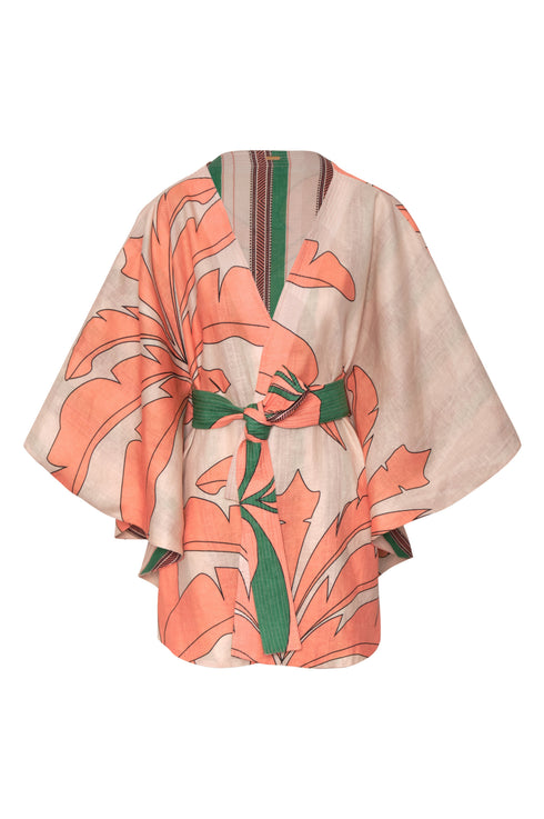 Cavalo Linen Poncho / Peach Palms - Green Artisanal Stripes