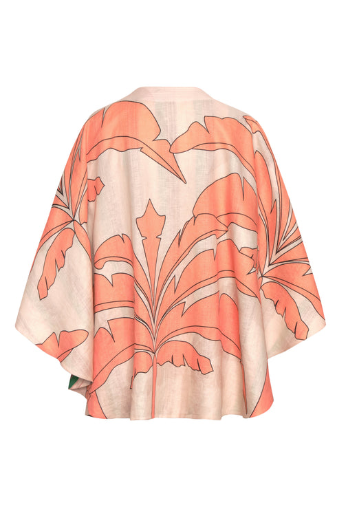 Cavalo Linen Poncho / Peach Palms - Green Artisanal Stripes