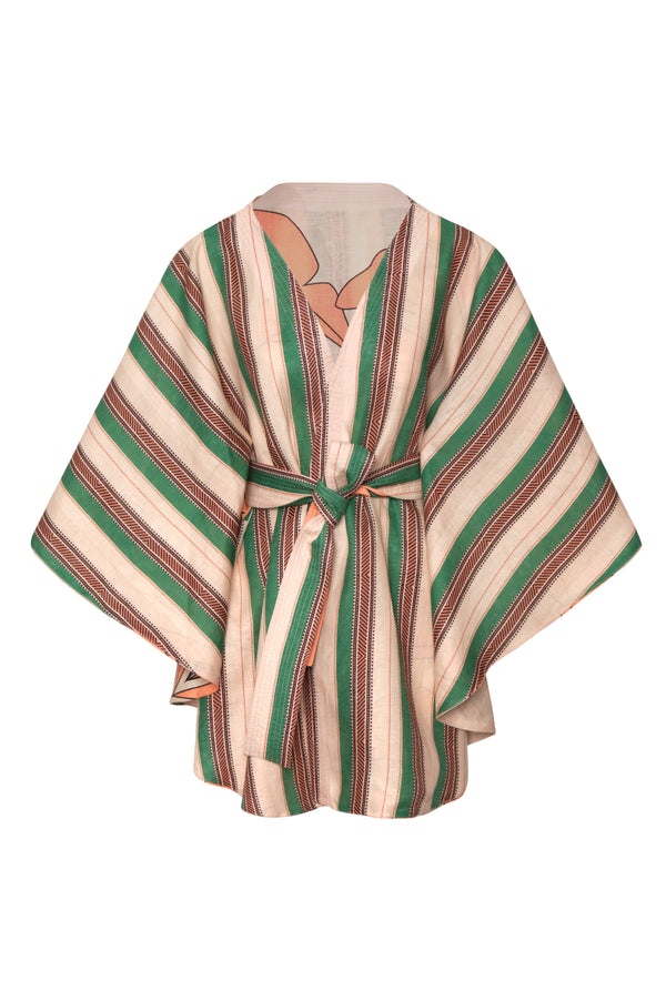 Cavalo Linen Poncho / Peach Palms - Green Artisanal Stripes