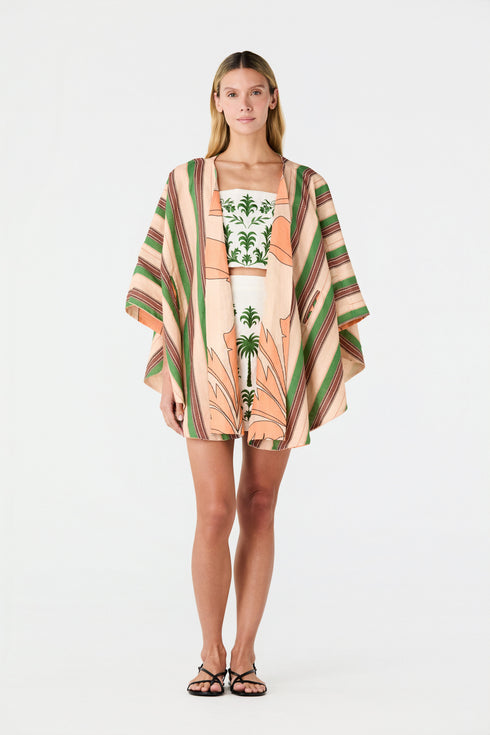 Cavalo Linen Poncho / Peach Palms - Green Artisanal Stripes