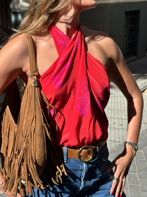 Cayetana Silk Crepe Blouse / Red & Fuchsia Buganvilias