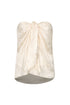 Ivory silk jacquard strapless blouse with a front-tie sarong-style drape and rainforest pattern.