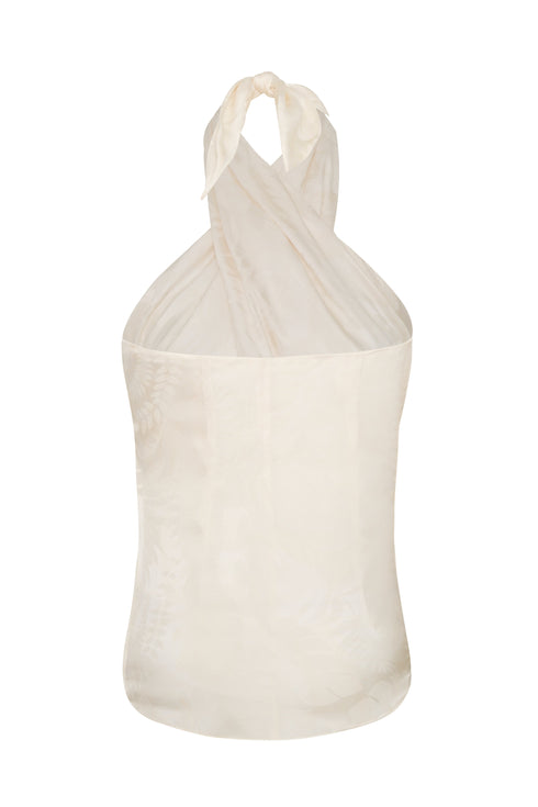 Ivory silk jacquard halter blouse with a wrap-style bodice and adjustable neck tie.