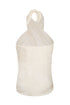 Ivory silk jacquard halter blouse with a wrap-style bodice and adjustable neck tie.