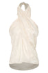 Ivory silk jacquard halter blouse with a draped, wrap-style front and rainforest pattern.