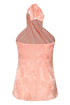 Back view of a peach silk jacquard halter blouse with a tie-neck and subtle tropical leaf pattern.