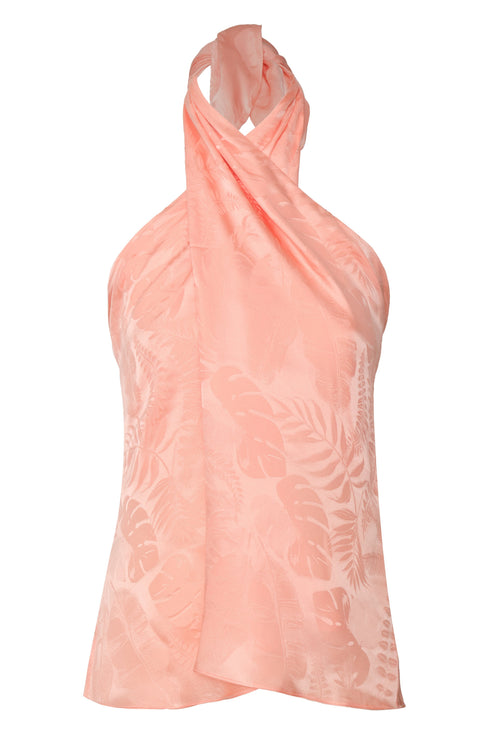 Peach silk jacquard halter blouse with a subtle tropical leaf pattern and draped neckline.