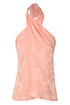 Peach silk jacquard halter blouse with a subtle tropical leaf pattern and draped neckline.