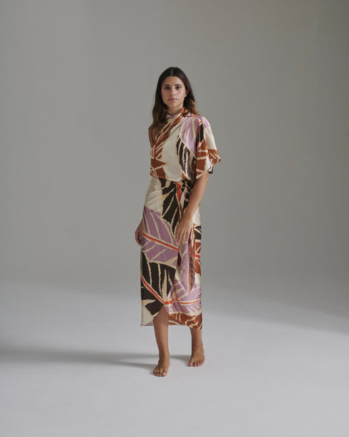Mapara Satin Silk Skirt / Lilac Platanera Leaves
