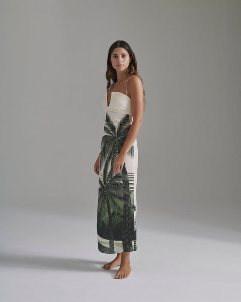 Antigüa Linen Midi Dress / Green Tropical Landscape