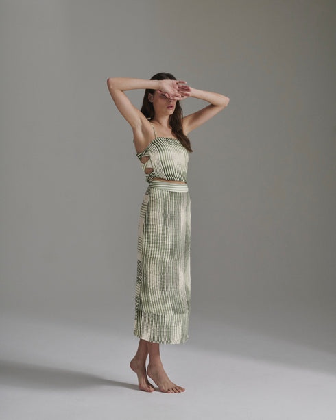 Beatrice Pleated Linen Midi Skirt / Green Stripes