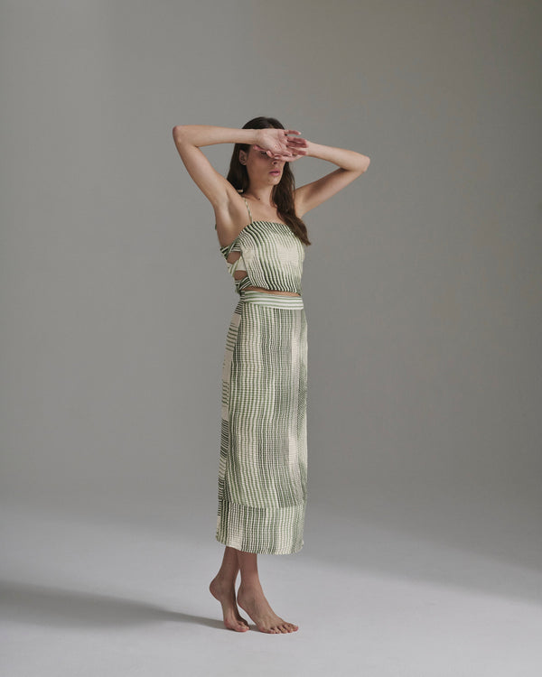 Beatrice Pleated Linen Midi Skirt / Green Stripes