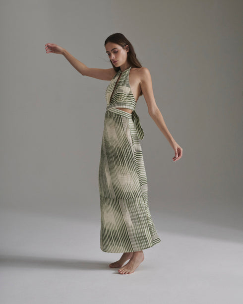 San Agustin Pleated Linen Midi Dress / Green Stripes