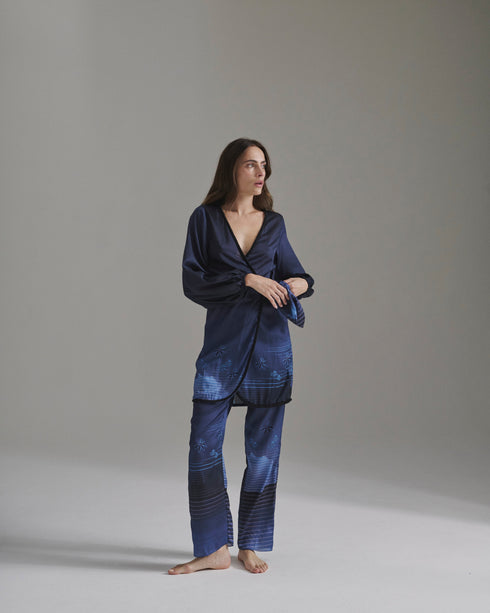 Santo Tomás Martellato Silk Pants / Navy Tropical Landscape