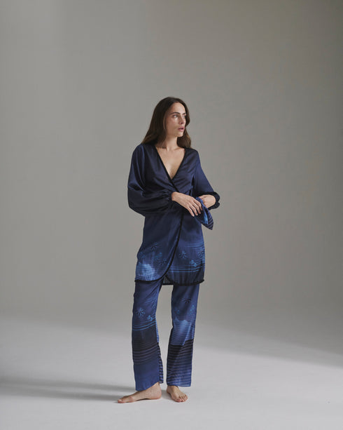 Santo Tomás Martellato Silk Pants / Navy Tropical Landscape