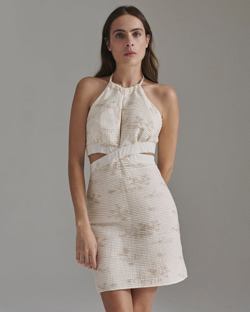 San Agustin Pleated Cotton Mini Dress / Ivory Guayacan