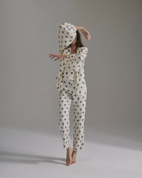 Santo Tomás Martellato Silk Pants / Ivory - Black Polka Palms