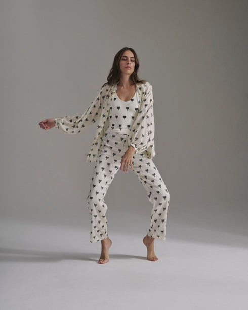 Santo Tomás Martellato Silk Pants / Ivory - Black Polka Palms