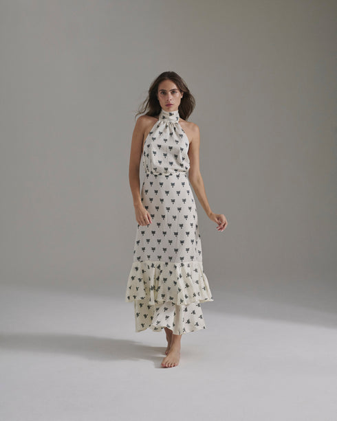 Sevilla Martellato Silk Skirt / Ivory - Black Polka Palms