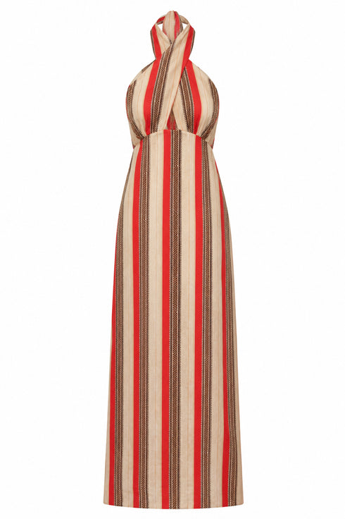 Costa del Sol Linen Midi Dress / Orange Stripes