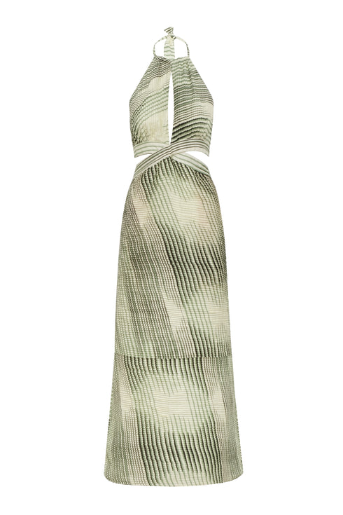 San Agustin Pleated Linen Midi Dress / Green Stripes