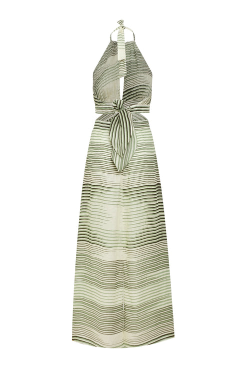 San Agustin Pleated Linen Midi Dress / Green Stripes