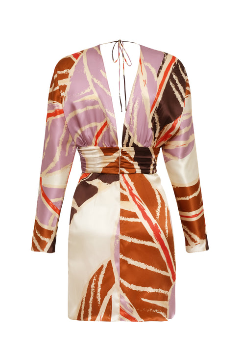 Grecia Satin Silk Mini Dress / Lilac Platanera Leaves