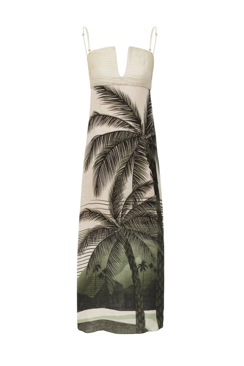 Antigüa Linen Midi Dress / Green Tropical Landscape