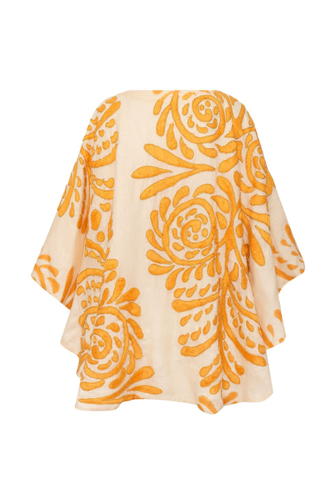 Cavalo Hand Embroidered Linen Poncho / Ecru Yellow Arabesque