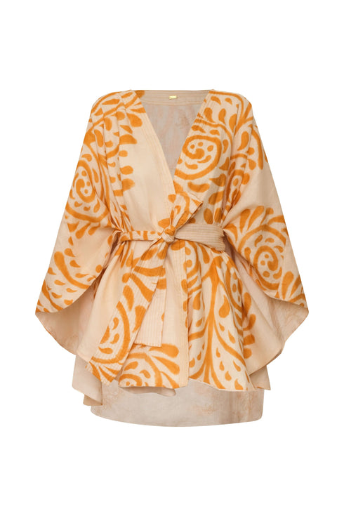 Cavalo Hand Embroidered Linen Poncho / Ecru Yellow Arabesque