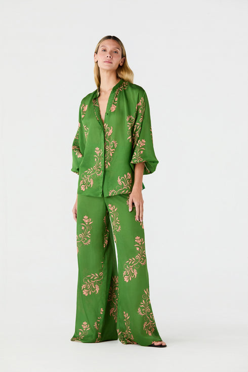 Fiol Cotton Silk Pants / Green Buganvilias