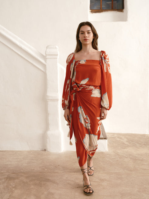 Celia Crepe Chine Blouse / Orange Gladiolos