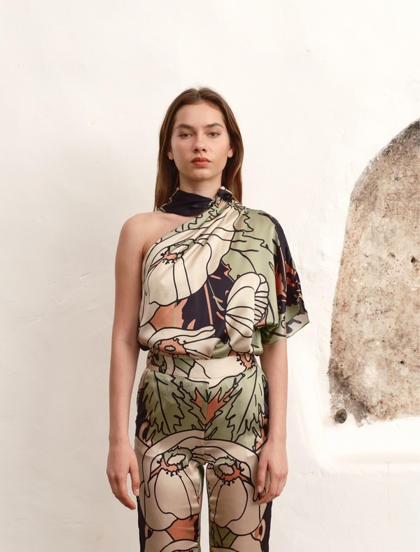 Chiminango Satin Silk Blouse / Sage Gladiolos Garden