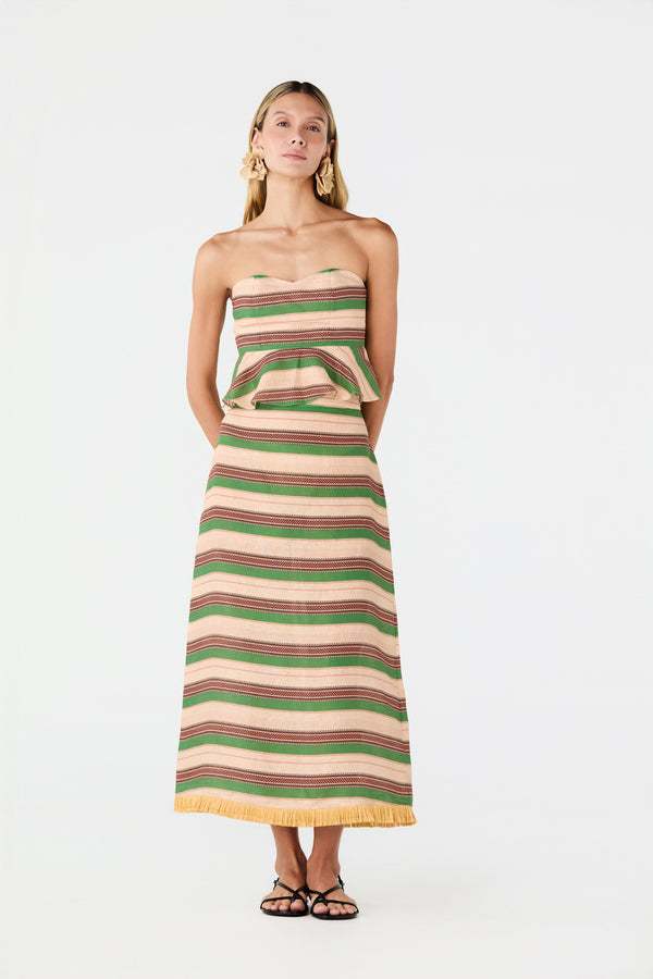 El Carmelo Linen Midi Skirt / Green Artisanal Stripes