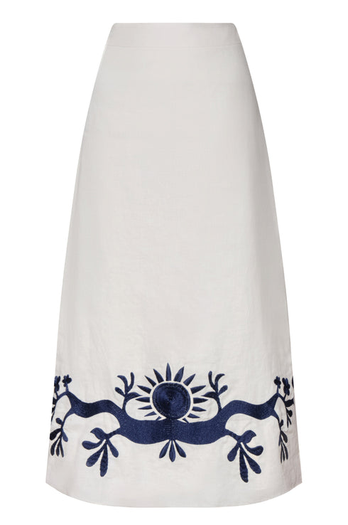 El Carmen Embroidered Midi Skirt / Ivory and Navy