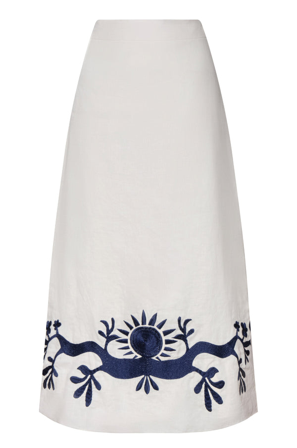 El Carmen Embroidered Midi Skirt / Ivory and Navy
