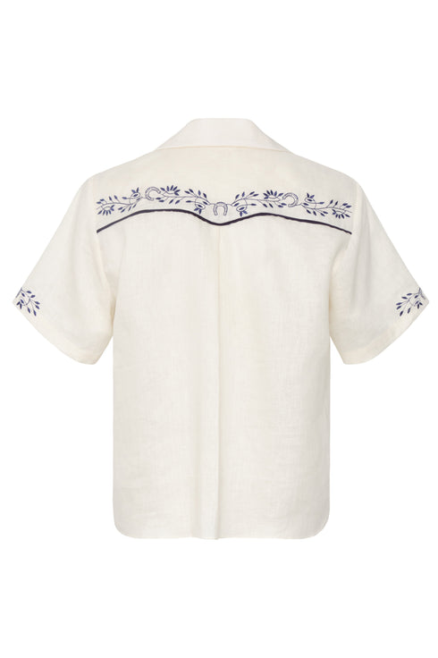 El Jared Linen Embroidered Shirt / Ivory Blue Horseshoes