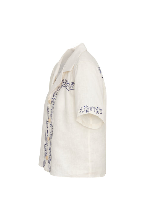 El Jared Linen Embroidered Shirt / Ivory Blue Horseshoes
