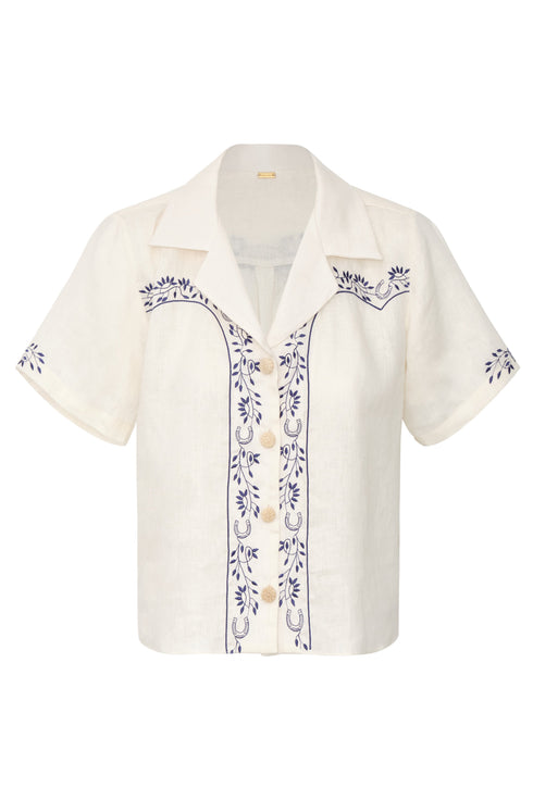 El Jared Linen Embroidered Shirt / Ivory Blue Horseshoes