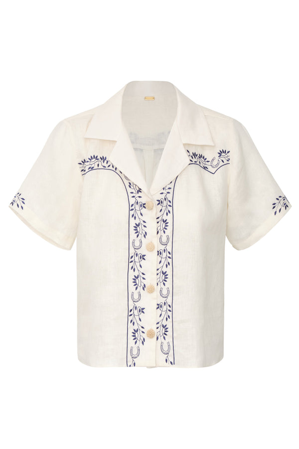 El Jared Linen Embroidered Shirt / Ivory Blue Horseshoes