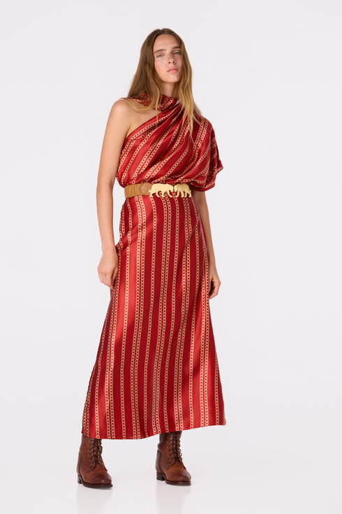 Gioconda Satin Silk Midi Dress / Red Chains