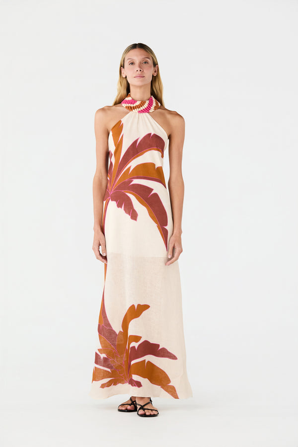 Ipanema Linen Maxi Dress / Fuchsia Palm